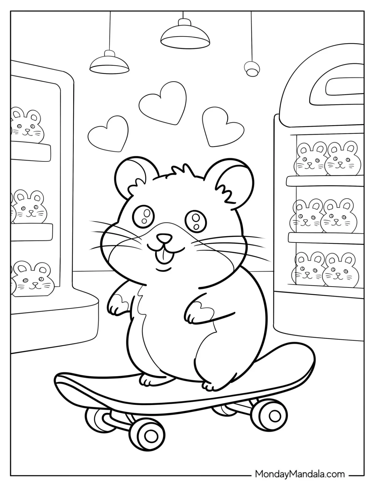 Hamster Coloring Page Riding a Skateboard Inside a Toy Store Full of Plushies coloring page — printable line art