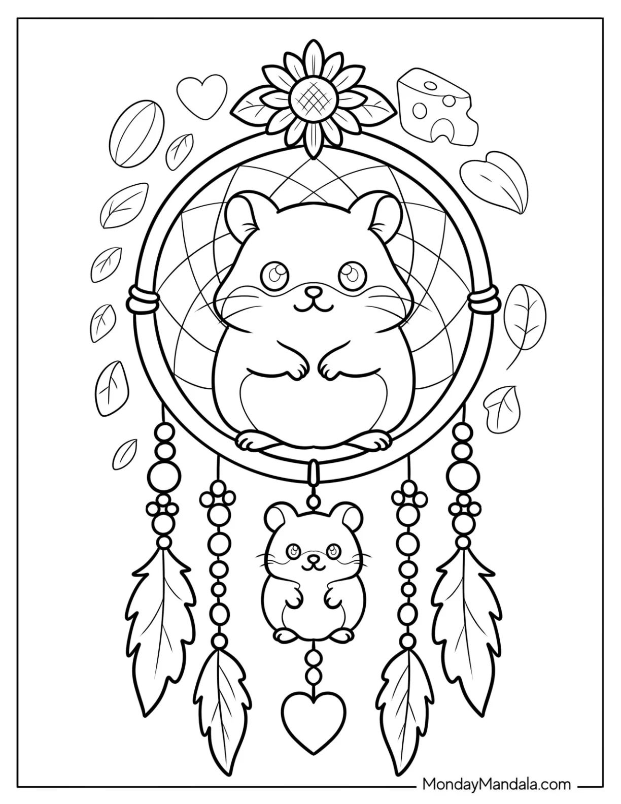 Hamster Coloring Page Sitting in a Dreamcatcher with Feathers, Leaves, and Charms Coloring Sheet coloring page
