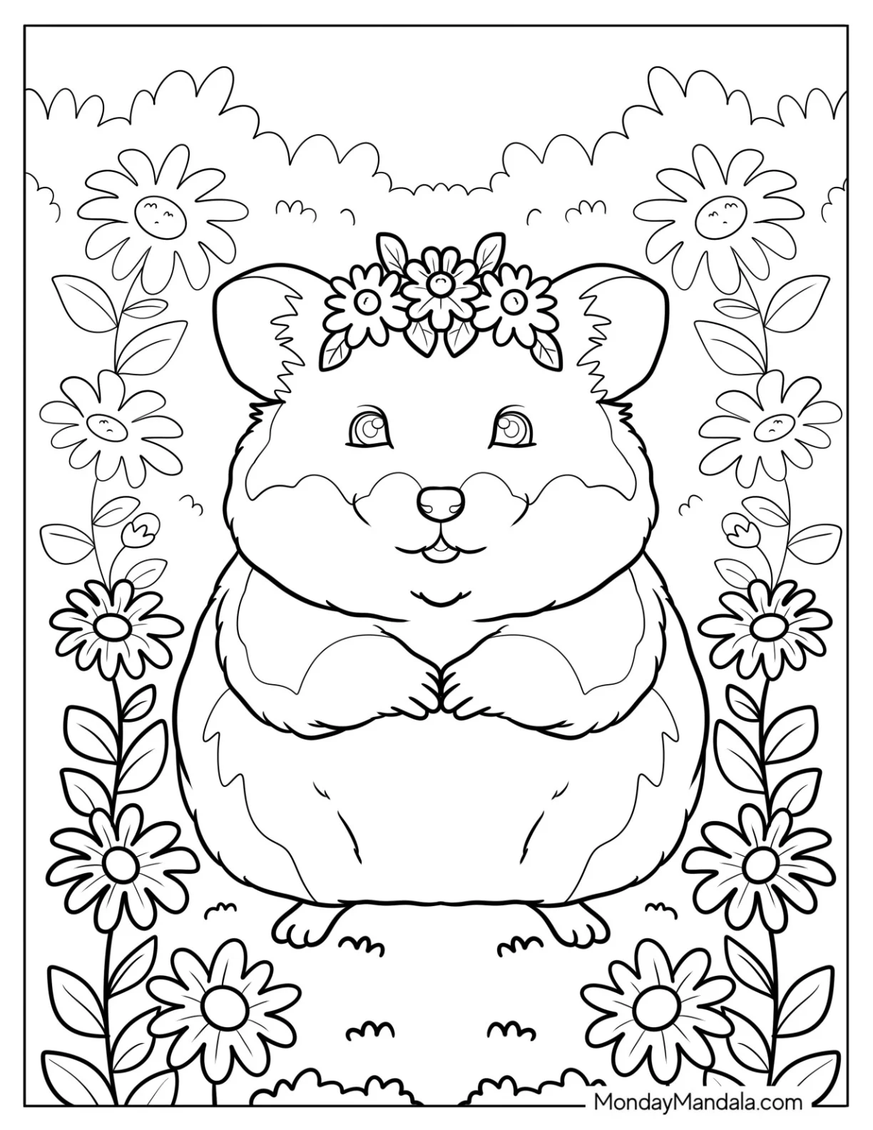 Hamster Coloring Page Sitting in a Meadow Wearing a Daisy Flower Crown coloring page — printable line art