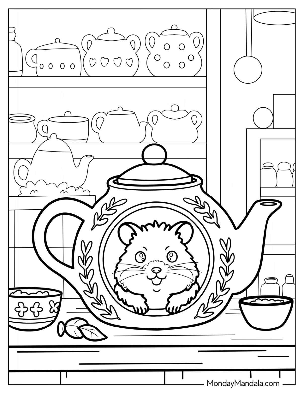 Hamster Coloring Page Sitting Inside a Teapot Surrounded by Teacups and Kitchen Shelves coloring page — printable line art