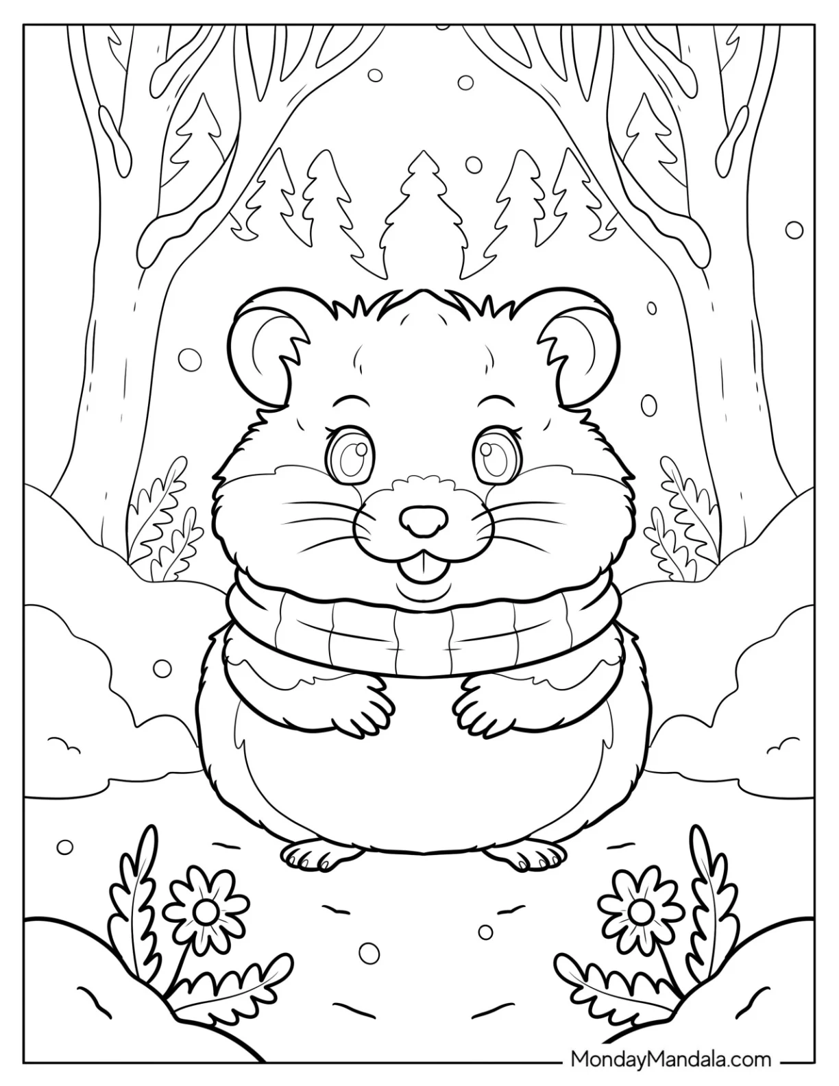 Hamster Coloring Page Standing in a Snowy Forest Wearing a Cozy Scarf for Kids coloring page — printable line art