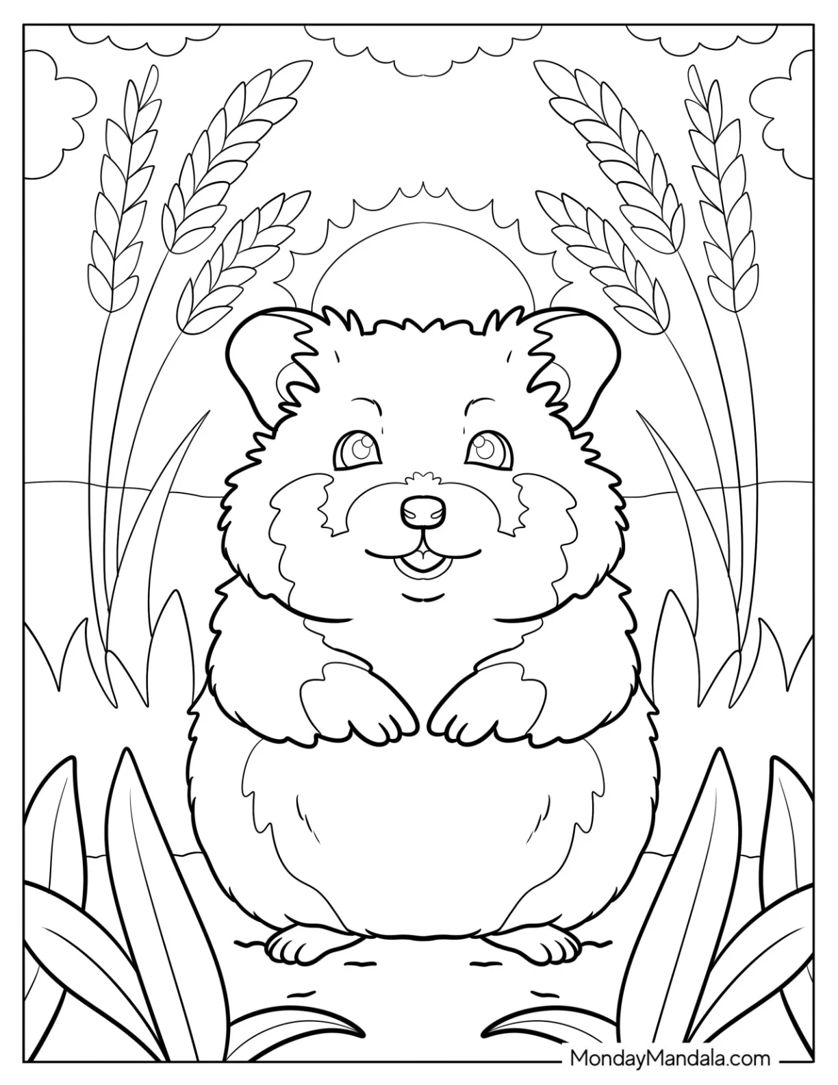 Hamster Coloring Page Standing in a Wheat Field at Sunrise Surrounded by Tall Grass coloring page — printable line art