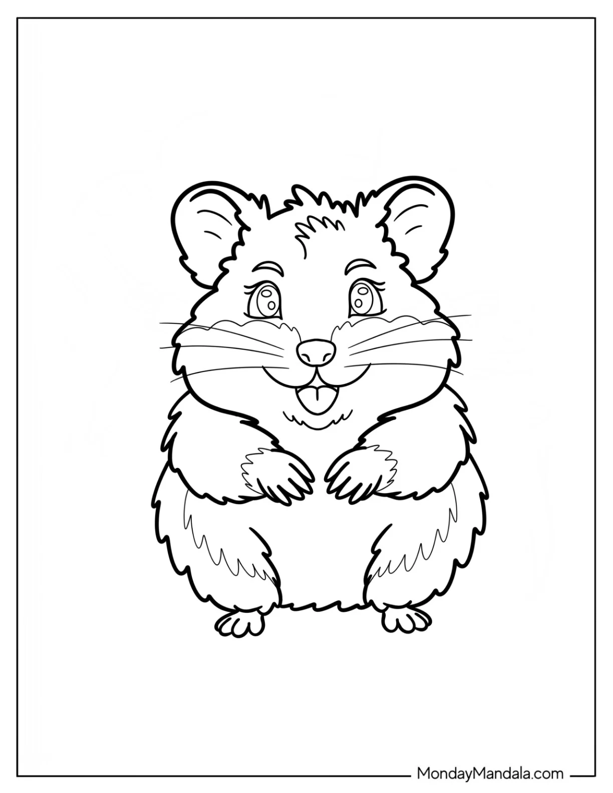 Hamster Coloring Page Standing Upright with a Big Smile and Fluffy Fur for Preschoolers coloring page — printable line art