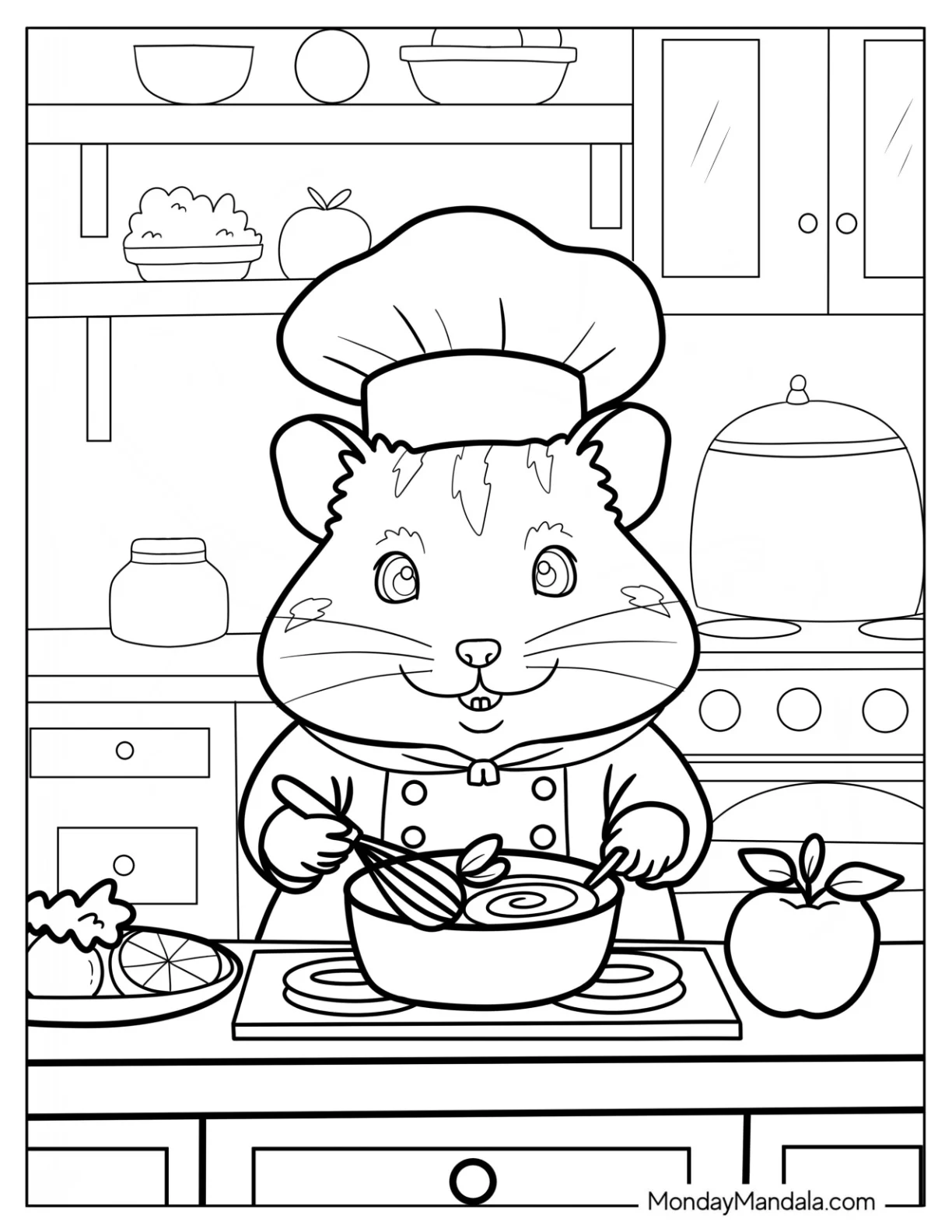 Hamster Coloring Page Stirring Soup in a Warm Kitchen While Wearing a Chef Hat coloring page — printable line art