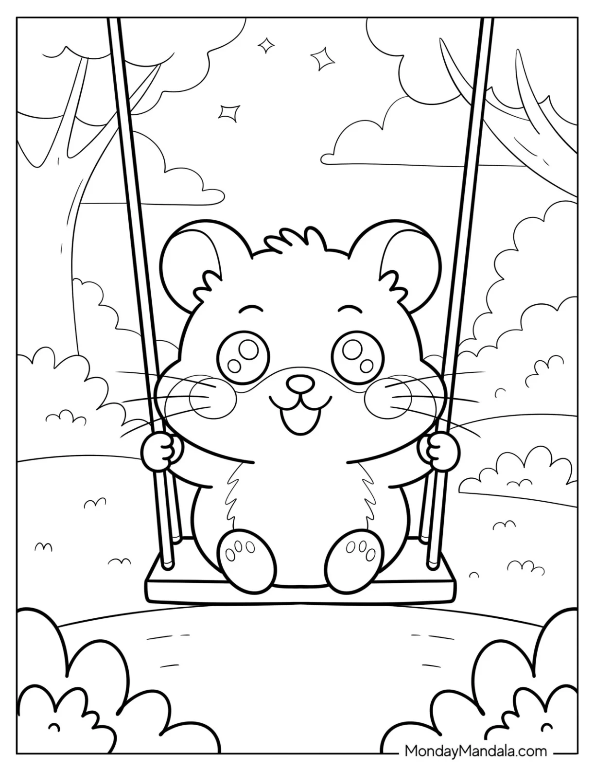 Hamster Coloring Page Swinging Joyfully in a Peaceful Park Surrounded by Trees coloring page — printable line art