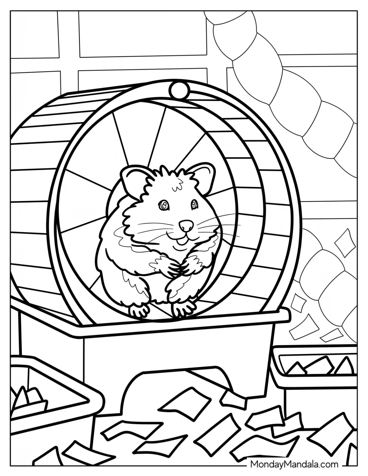 Hamster Coloring Page Taking a Break in Its Spinning Wheel Surrounded by Shredded Paper coloring page — printable line art
