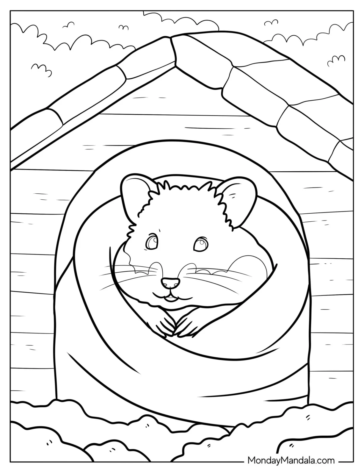 Hamster Coloring Page Wrapped in a Blanket Inside a Cozy Cabin with Fluffy Bedding for Kids coloring page — printable line art