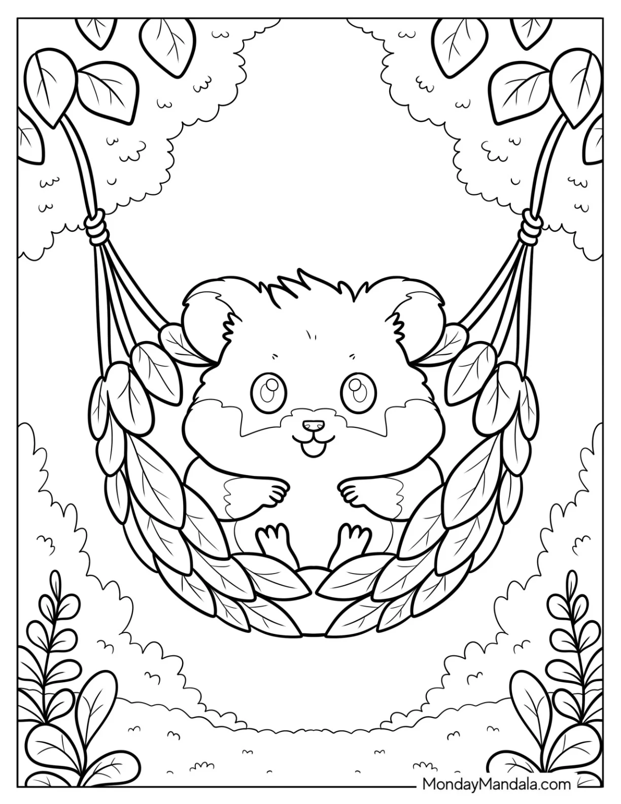 Kawaii Hamster Coloring Page Relaxing in a Leaf Hammock Hanging Between Two Trees for Preschoolers coloring page