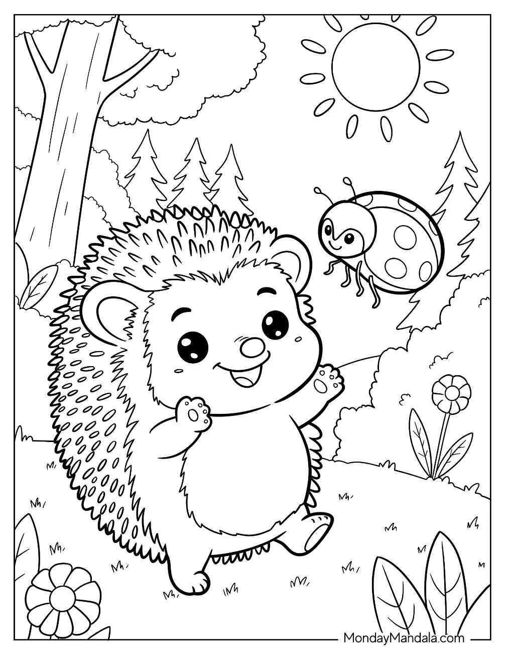 Baby Hedgehog Coloring Page Playing with a Ladybug for Kids coloring page