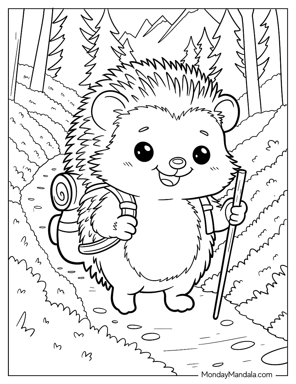 Backpacking Hedgehog Coloring Page with Walking Stick for Kids coloring page