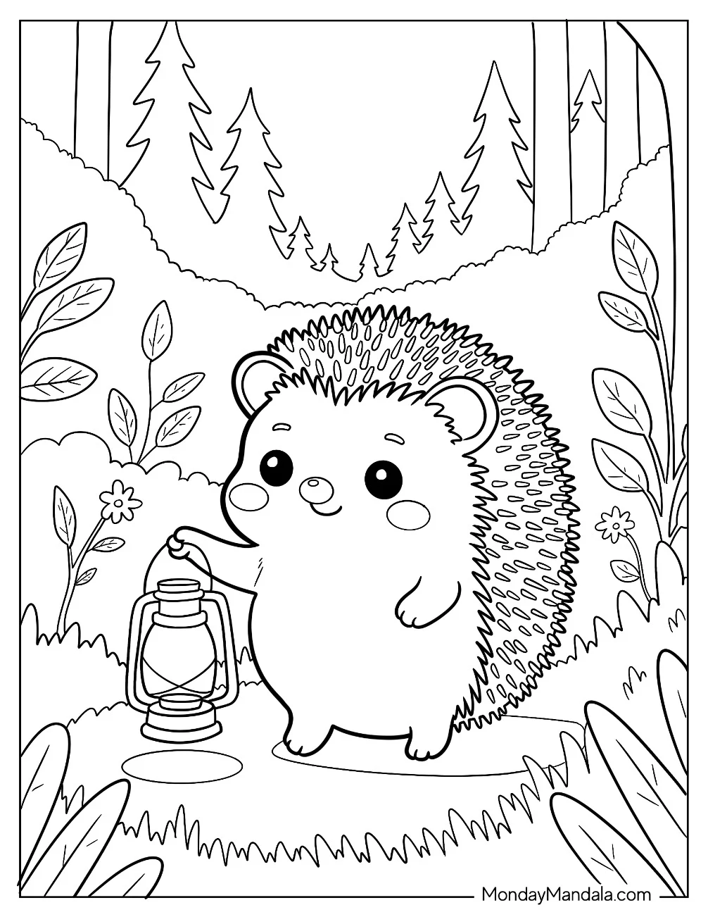 Cartoon Hedgehog Coloring Page Holding Lantern in the Forest for Preschoolers coloring page