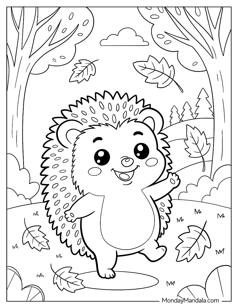 Cheerful Hedgehog Coloring Page Playing with Autumn Leaves for Preschoolers coloring page