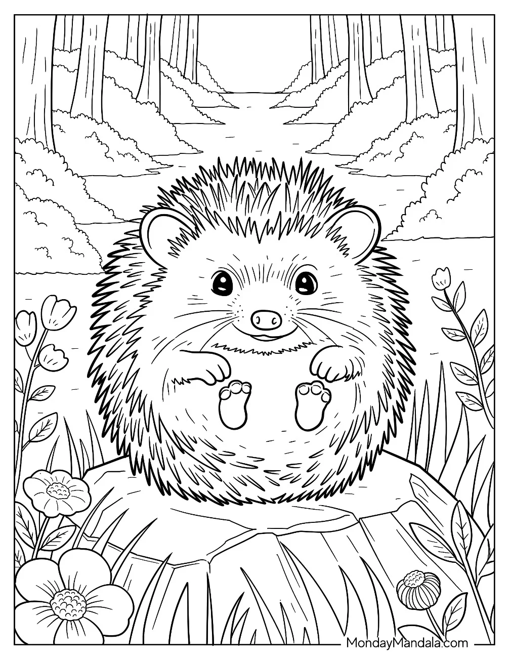 Hedgehog Coloring Page Curled Up on a Tree Trunk in the Meadow coloring page