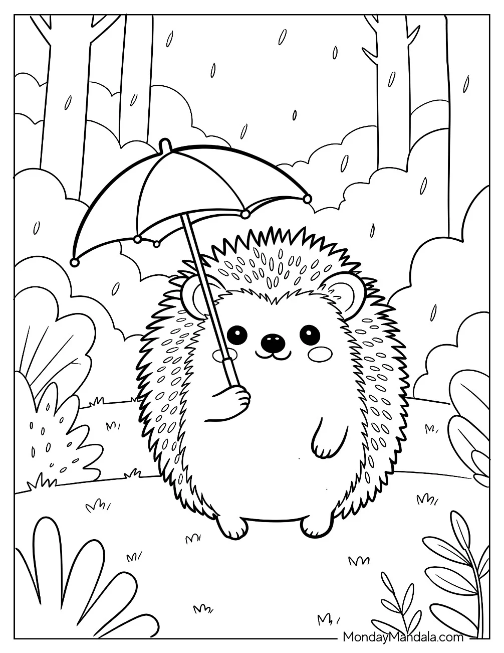 Hedgehog Coloring Page Holding an Umbrella in the Rain for Kids coloring page