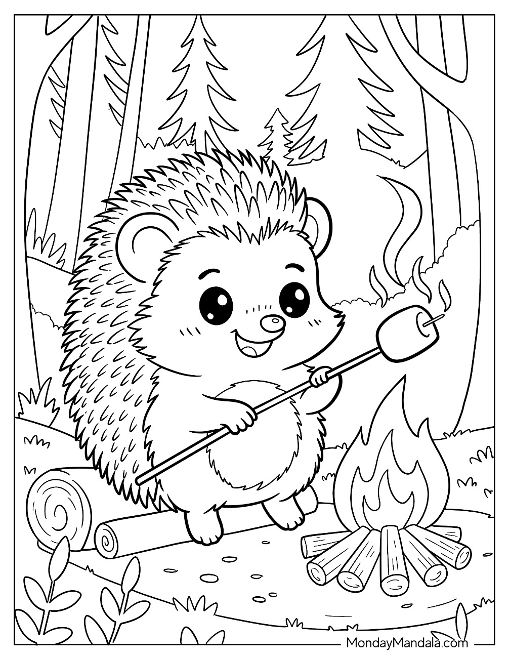 Hedgehog Coloring Page Making S mores in the Forest for Kids coloring page