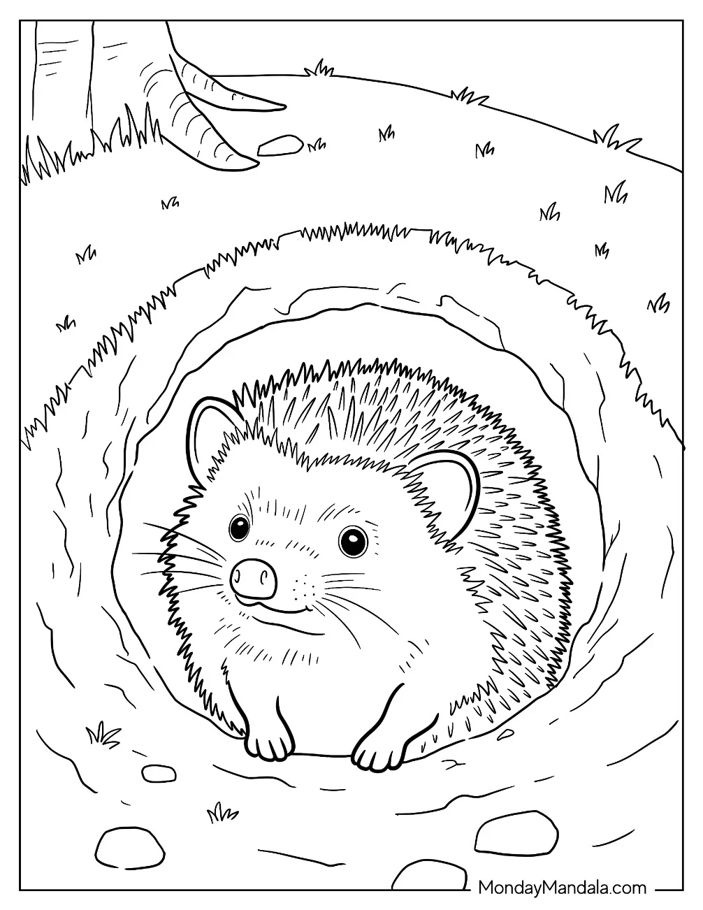 Hedgehog Coloring Page Peeking Out of a Hole in the Ground coloring page