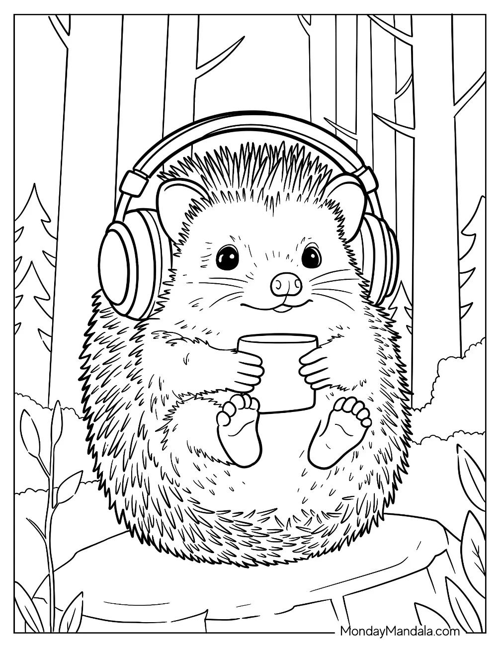 Hedgehog Coloring Page with Headphones Drinking Coffee on a Tree Trunk coloring page