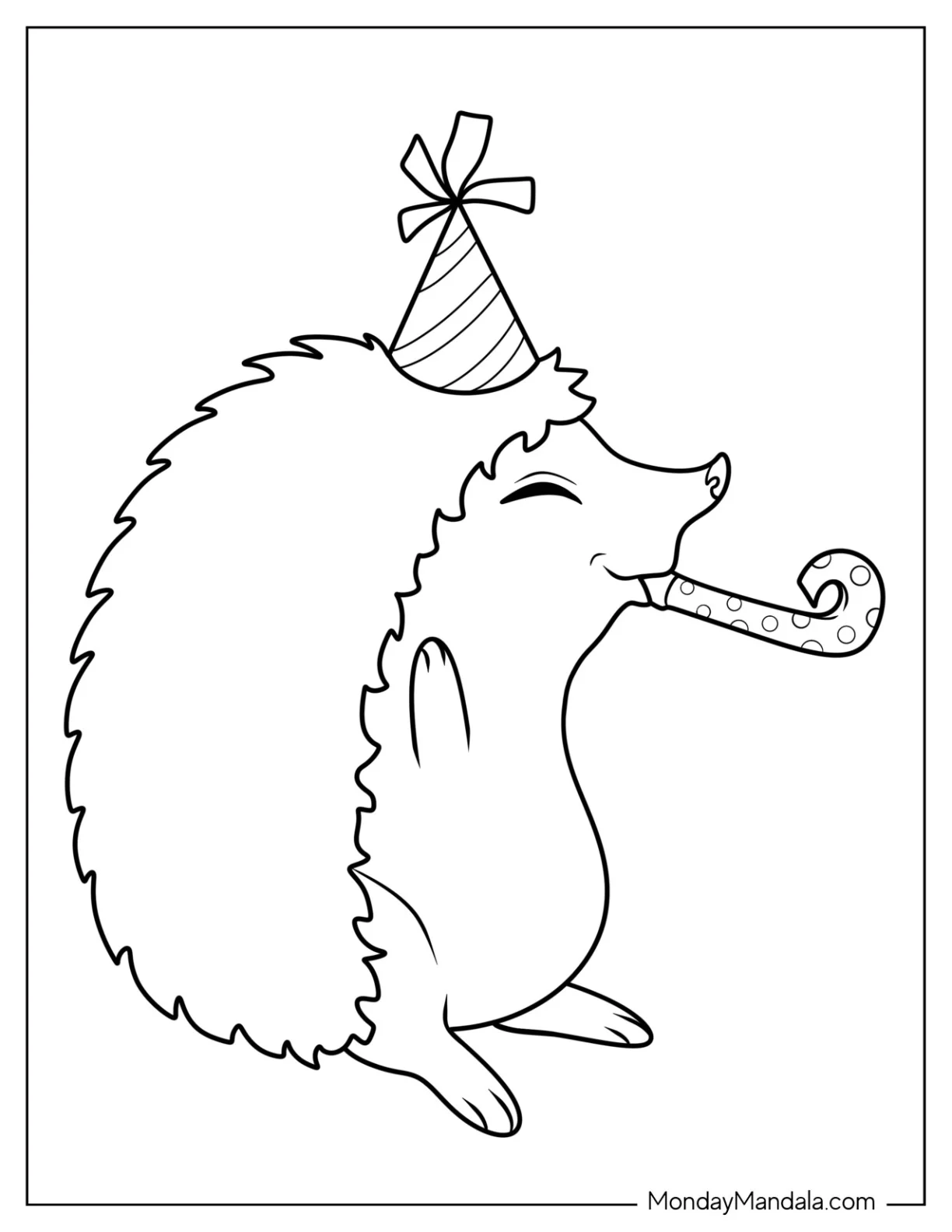 Hedgehog Coloring Page With Party Hat And Horn For Kids coloring page — printable line art