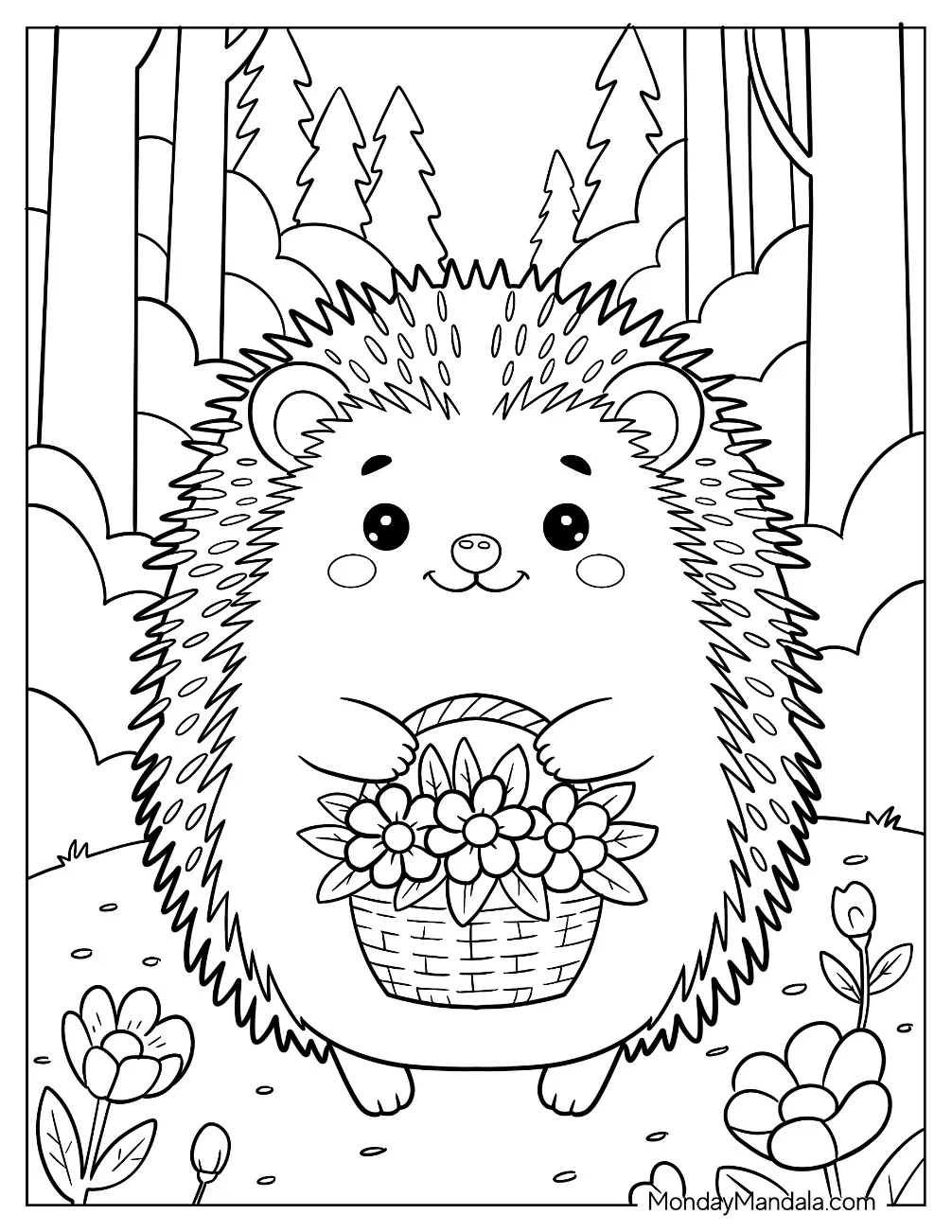 Lovely Hedgehog Coloring Page Carrying a Basket of Flowers coloring page