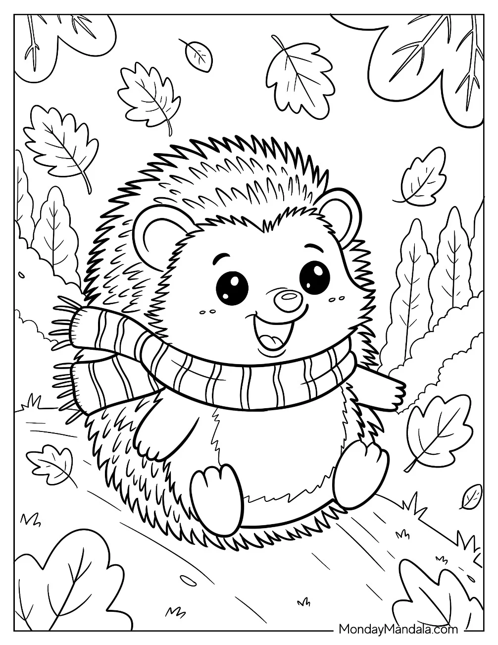 Playful Hedgehog Coloring Page with Scarf Sliding Down a Hill coloring page