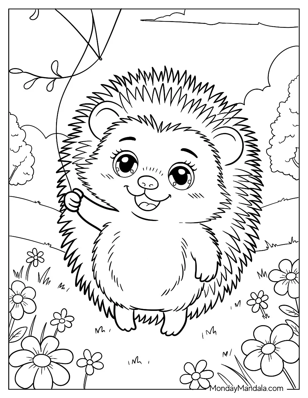 Pretty Hedgehog Coloring Page Flying a Kite on Windy Day coloring page — printable line art