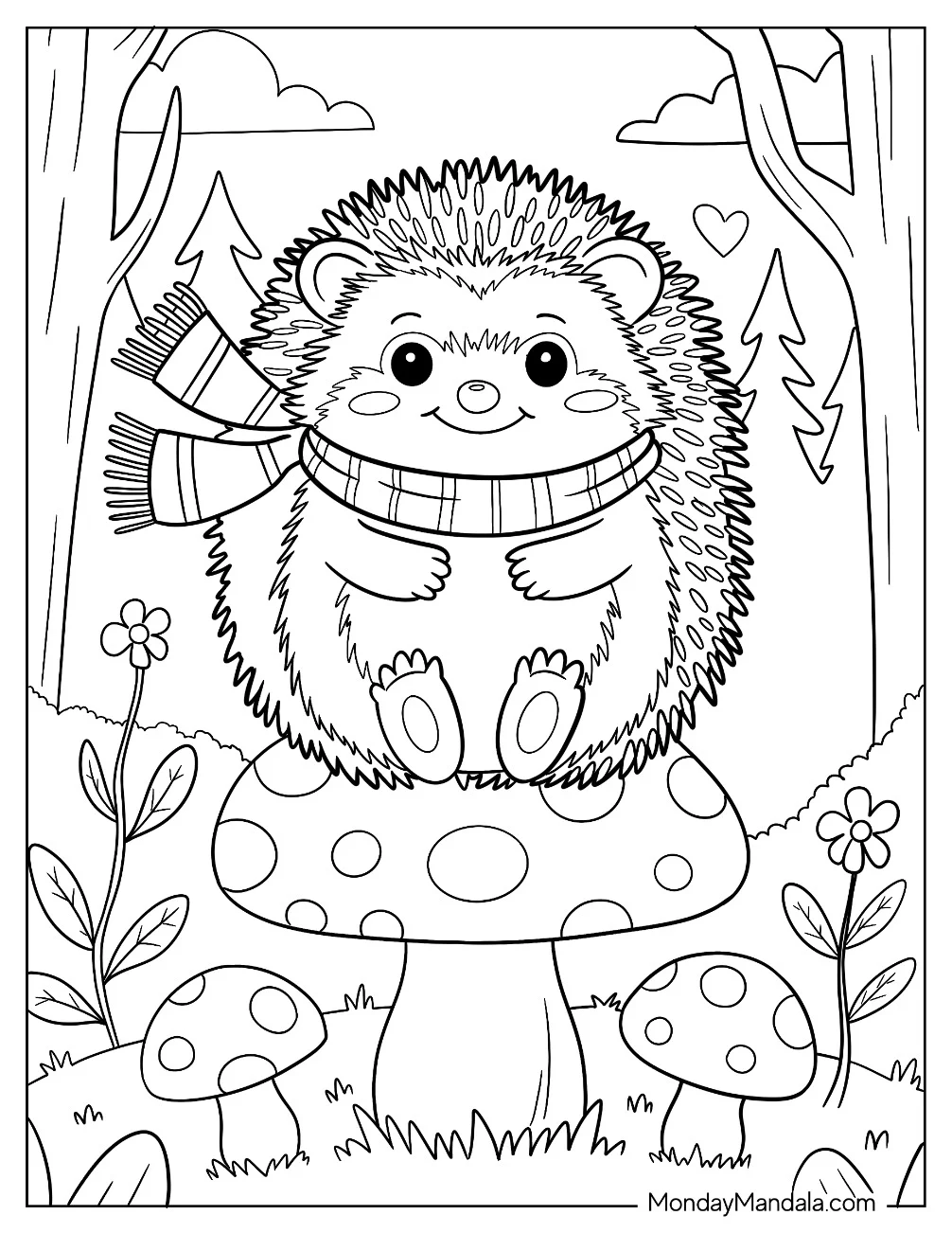 Smiling Hedgehog Coloring Page Sitting on Large Mushroom coloring page