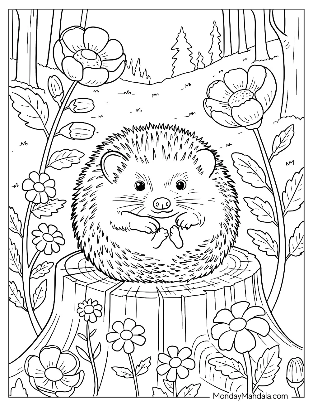 Spiky Hedgehog Coloring Page Curled Up on a Tree Trunk coloring page
