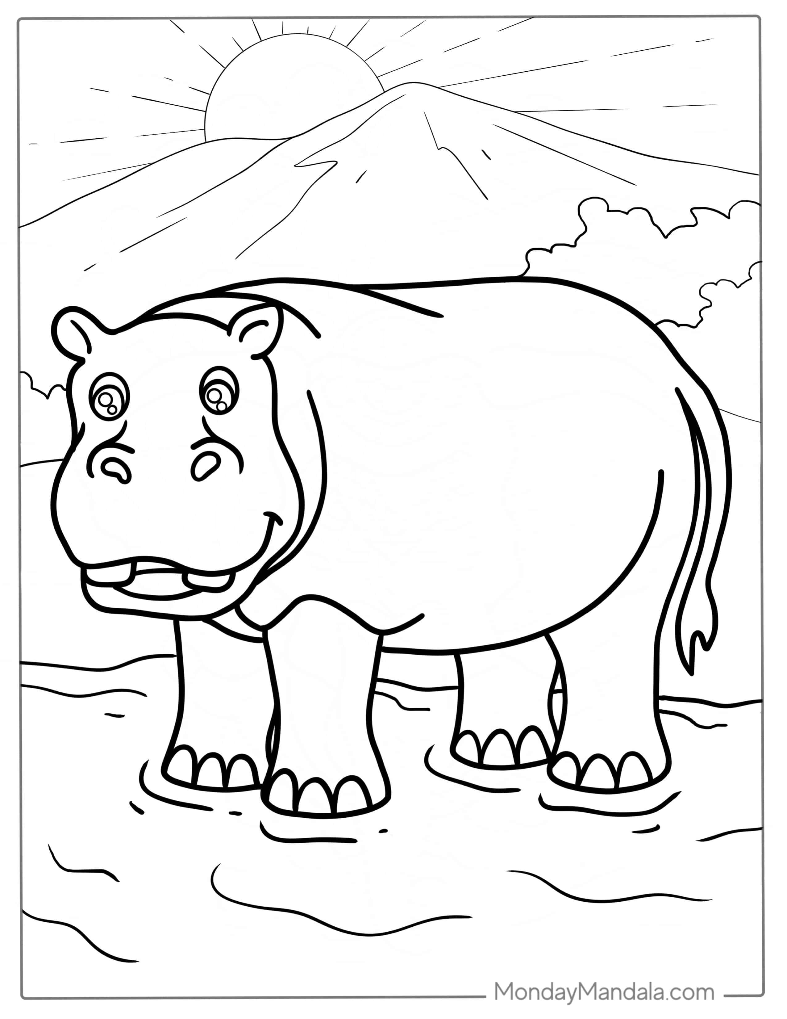 Adorable Hippo To Color For Toddlers coloring page — printable line art