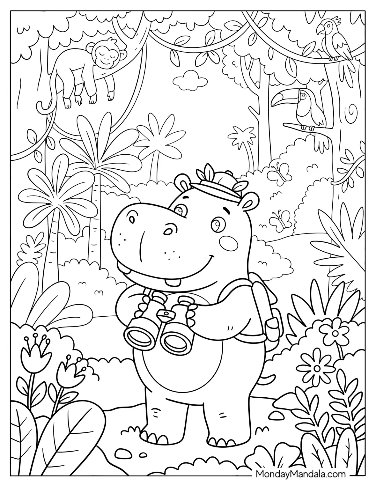 Adventurous Hippo with Binoculars coloring page — printable line art