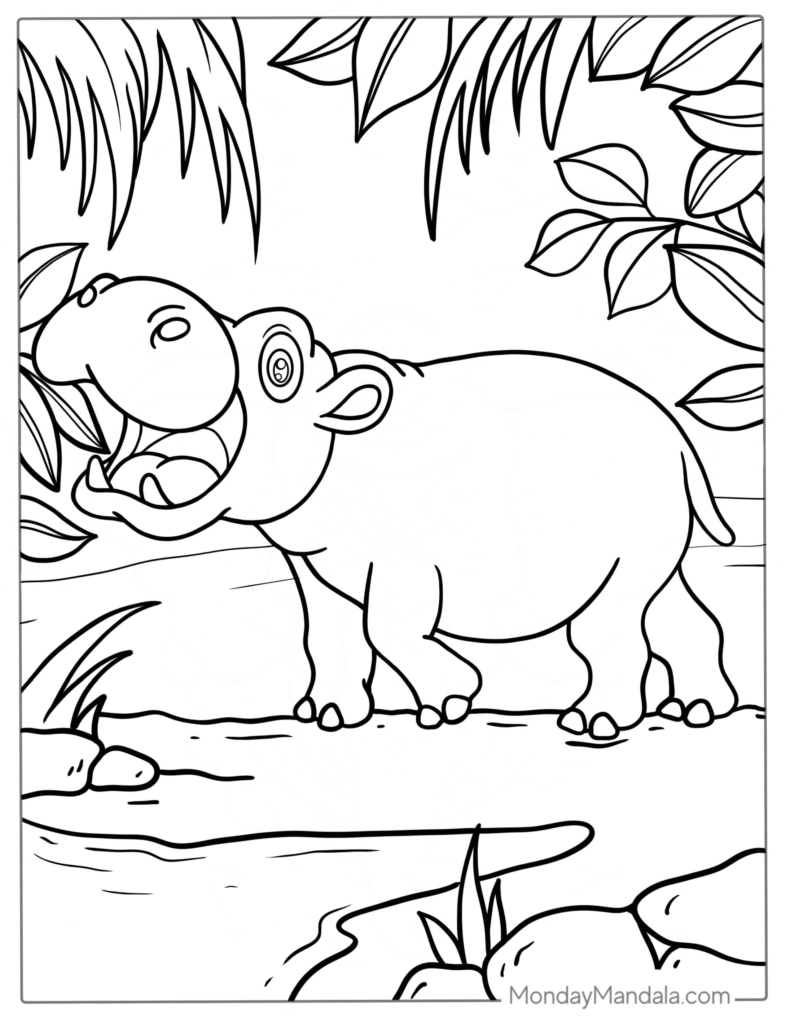 Baby Hippo In The Jungle To Color coloring page — printable line art