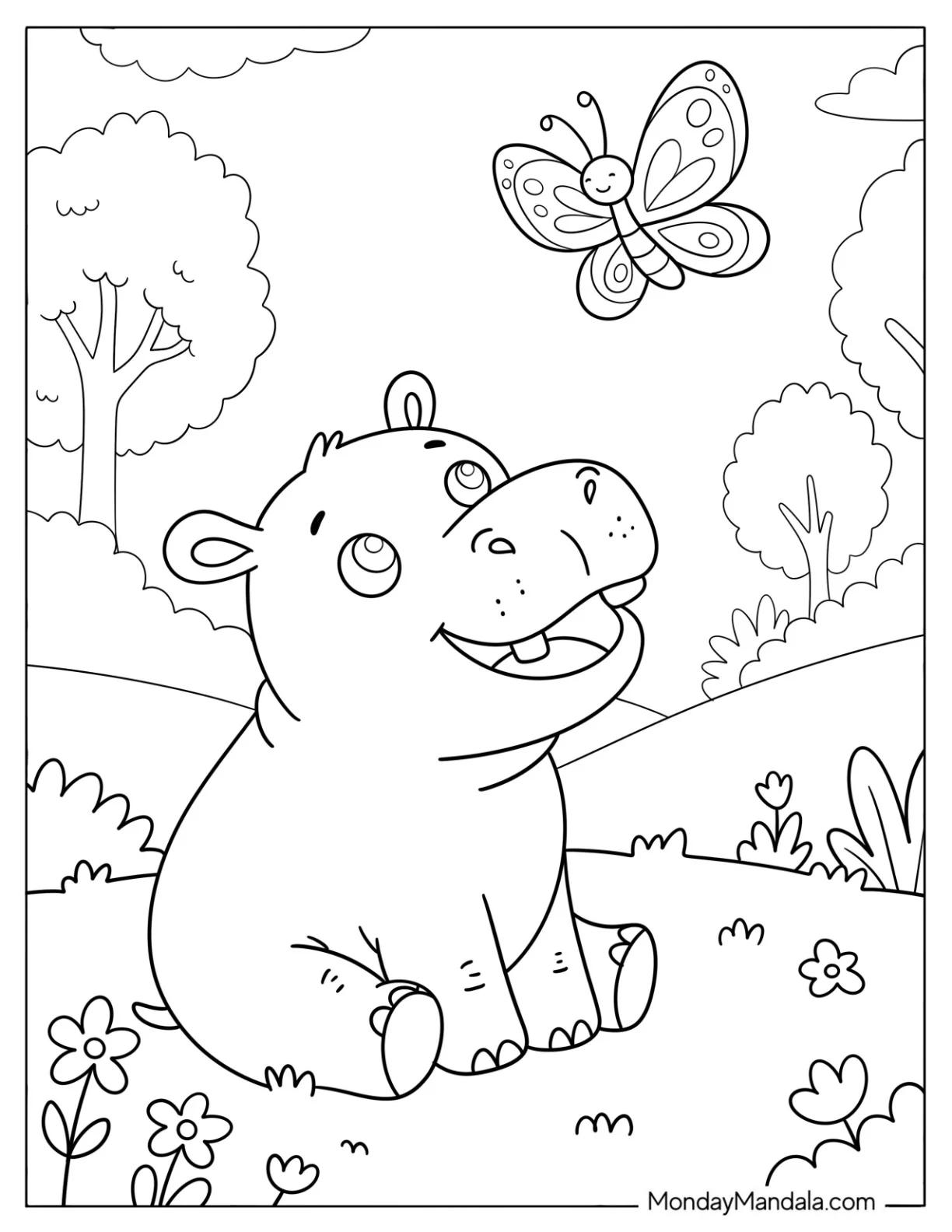 Baby Hippo Staring at Butterfly Coloring Page for Kids coloring page