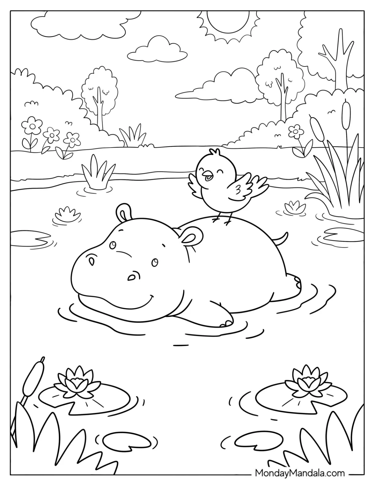 Bird Perched on Swimming Hippo Coloring Page coloring page — printable line art