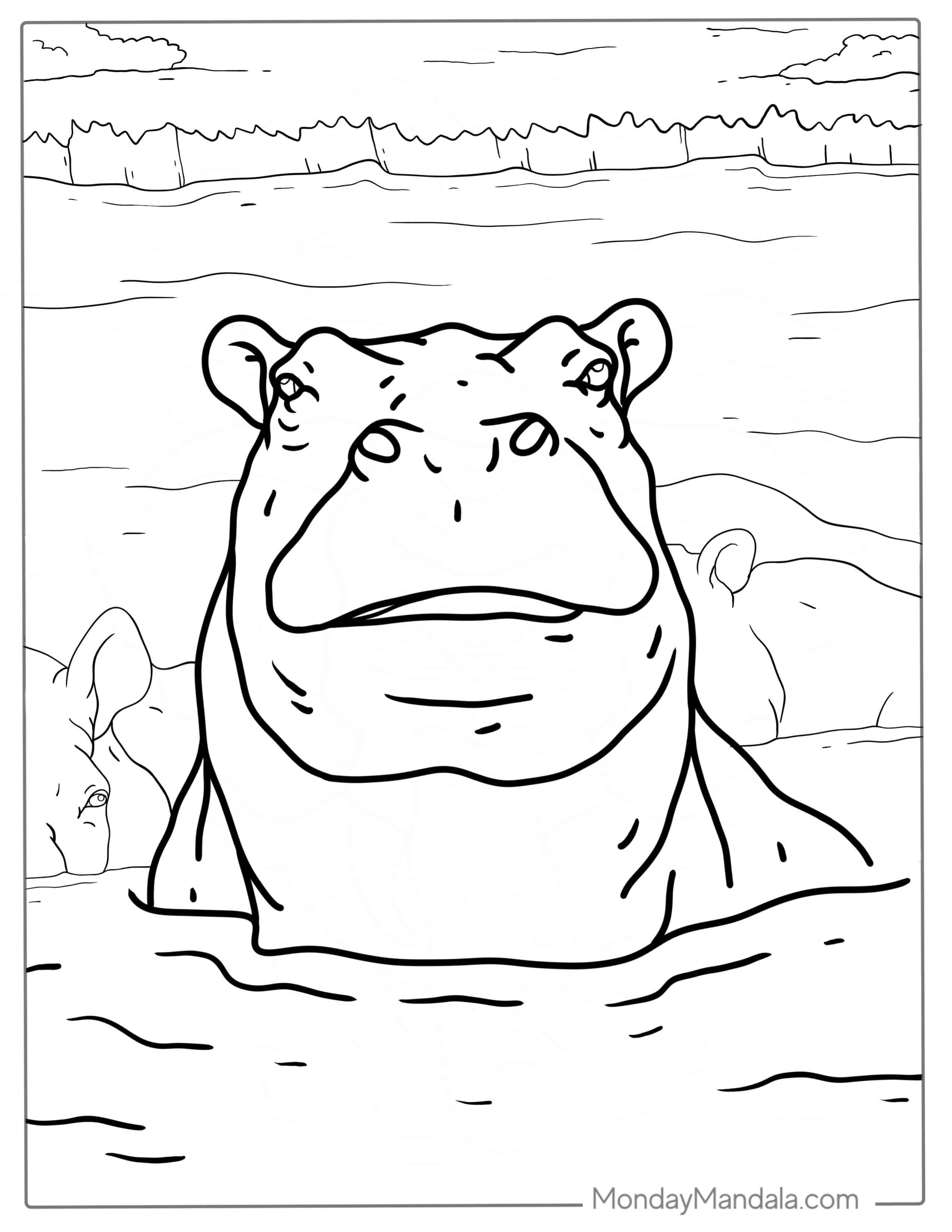 Bloat Of Hippos In Water To Color coloring page — printable line art