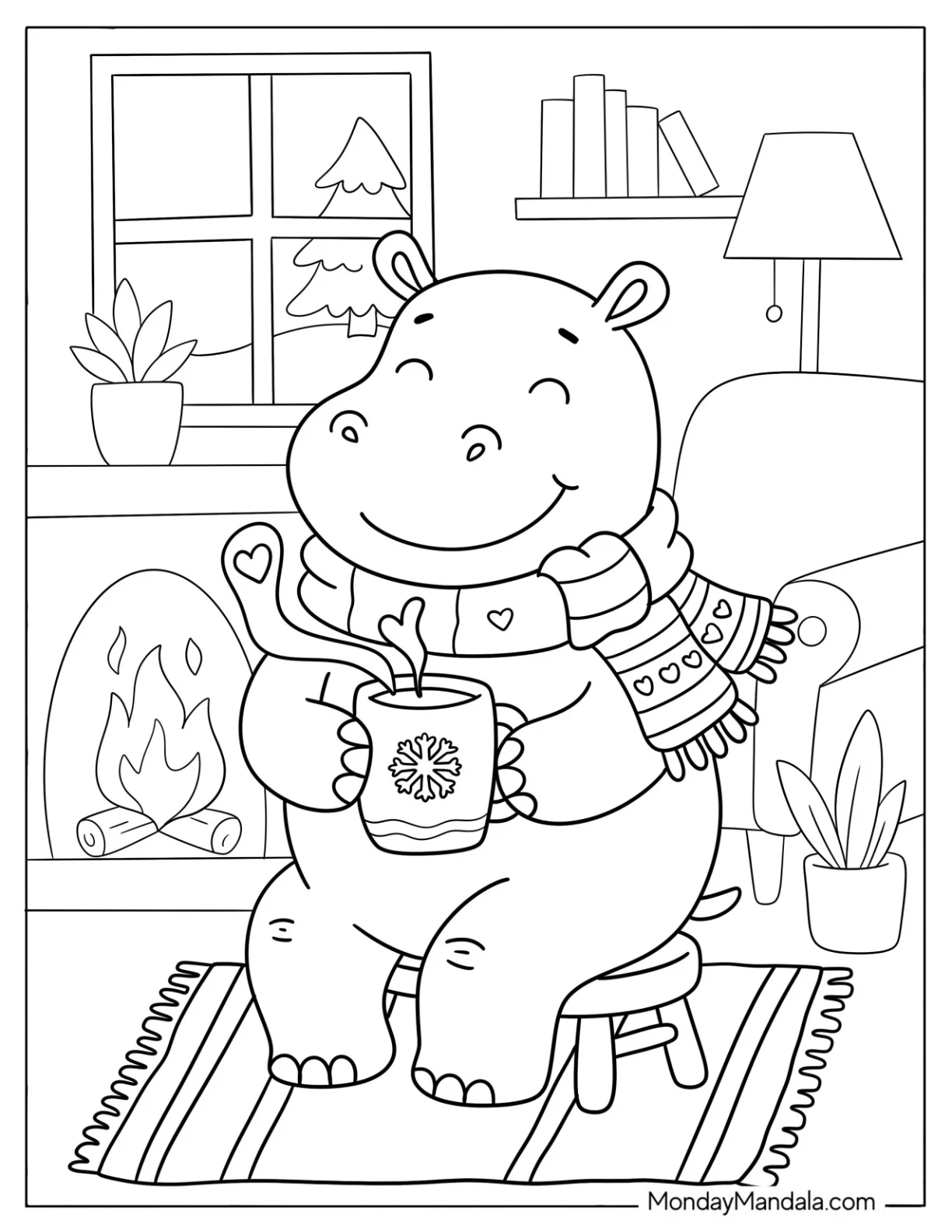 Cozy Hippo Drinking Hot Cocoa in Winter coloring page
