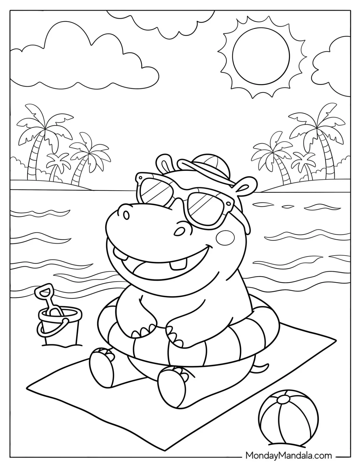 Cute Hippo with Floatie at the Beach Coloring Page for Kids coloring page — printable line art