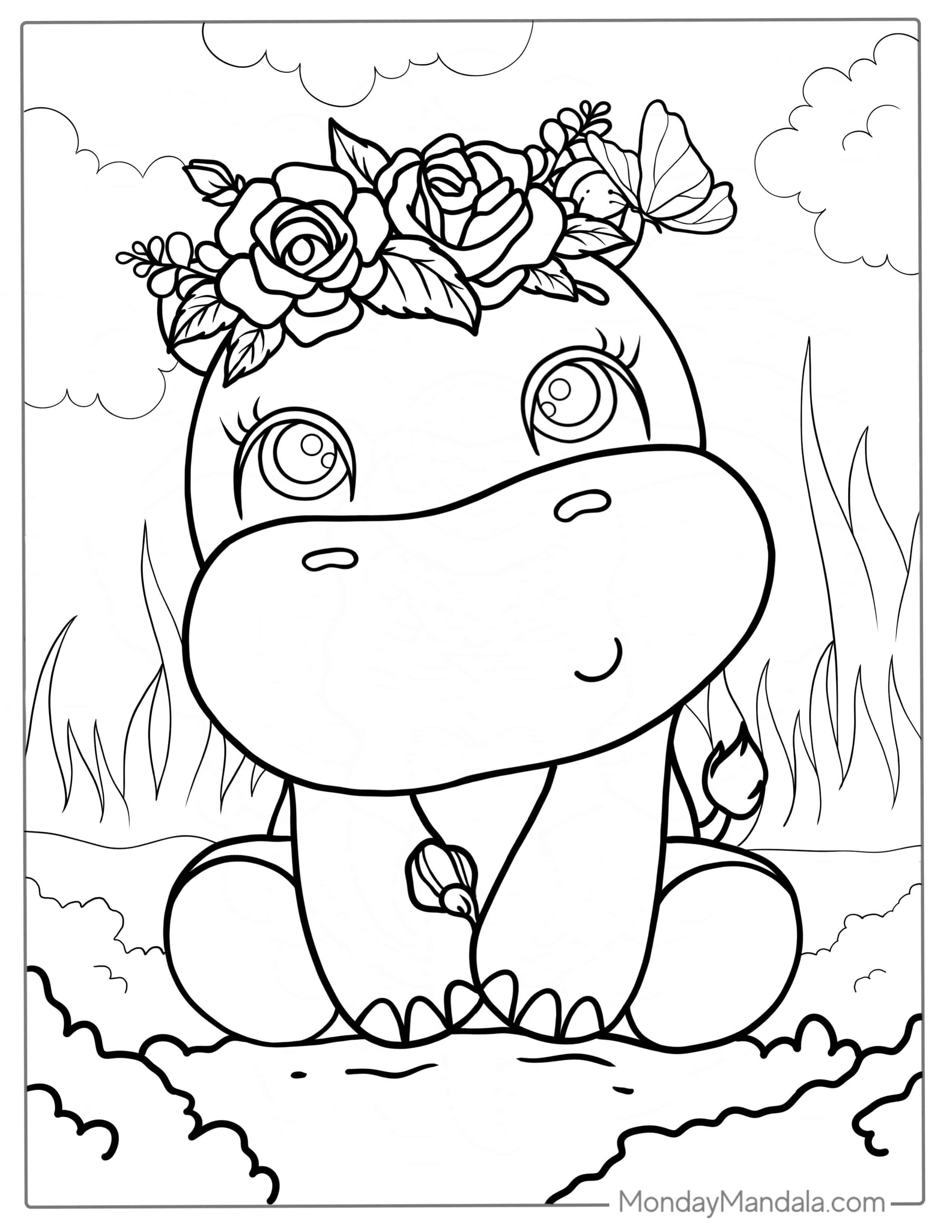 Cute Kawaii Hippo To Color For Kids coloring page — printable line art