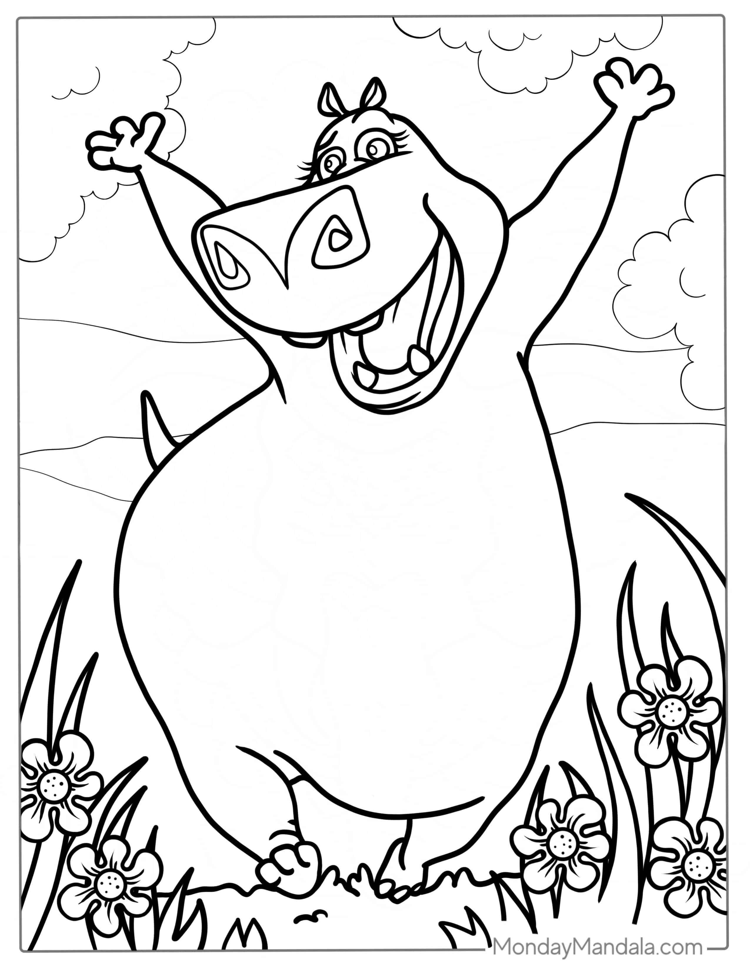 Happy Gloria The Hippo Coloring Sheet coloring page — printable line art