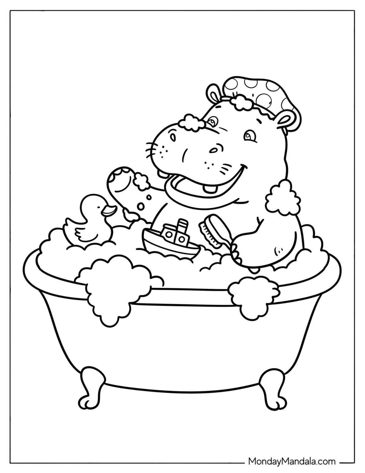 Hippo Covered in Suds in a Bathtub Coloring Page for Kids coloring page