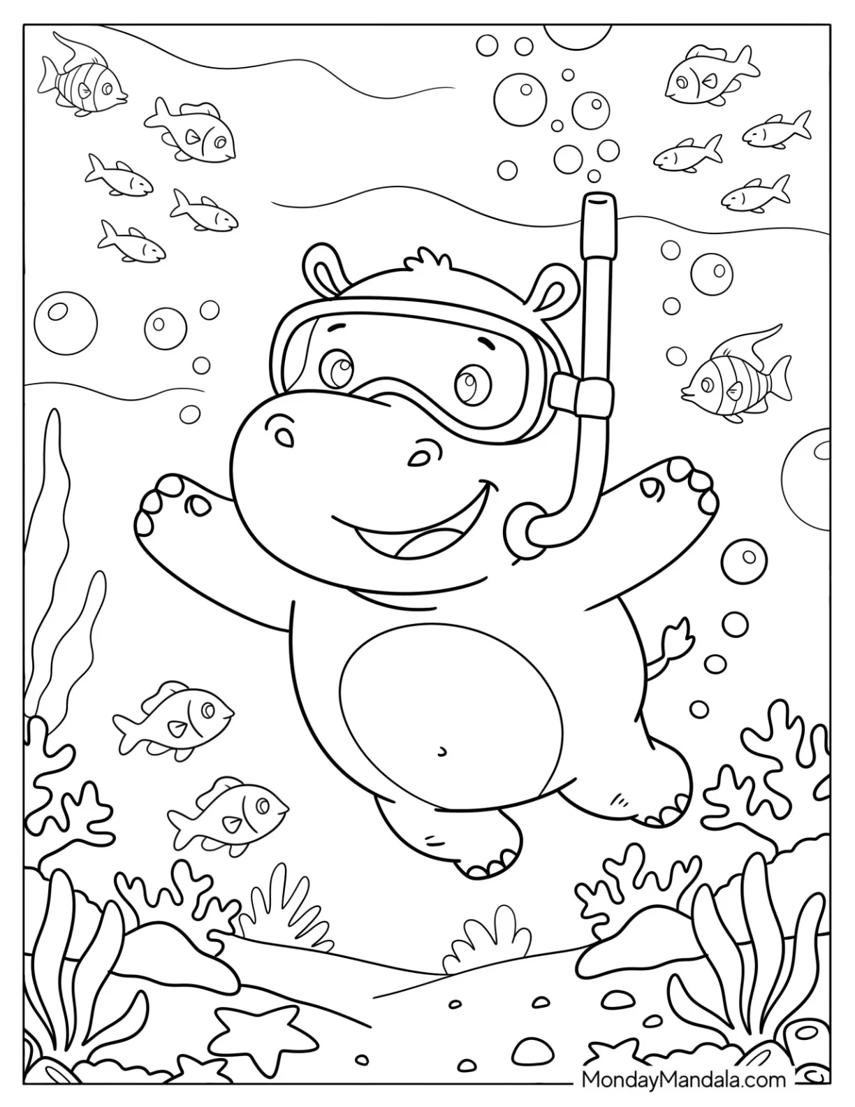 Hippo Snorkeling Under the Sea coloring page