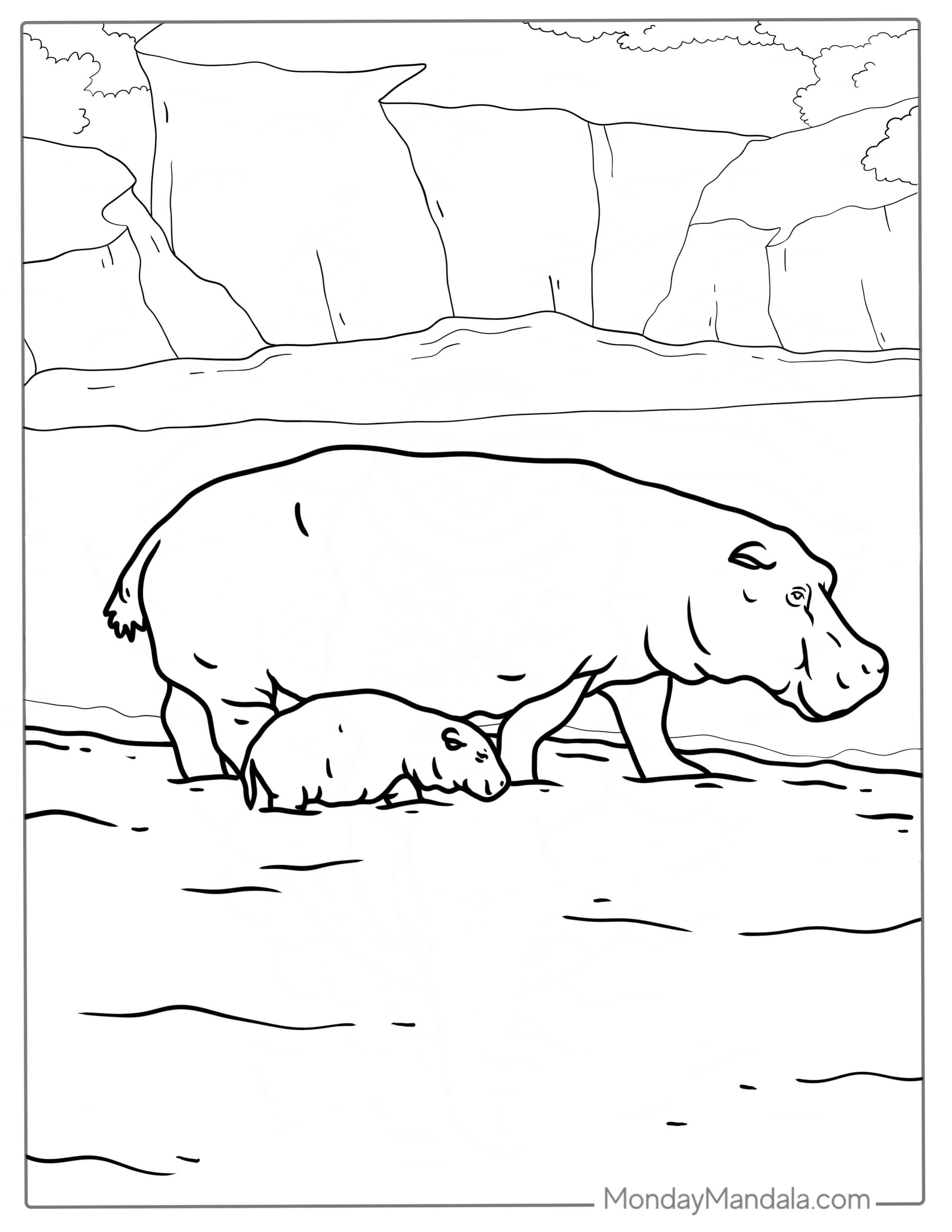 Mother And Baby Hippo To Color coloring page