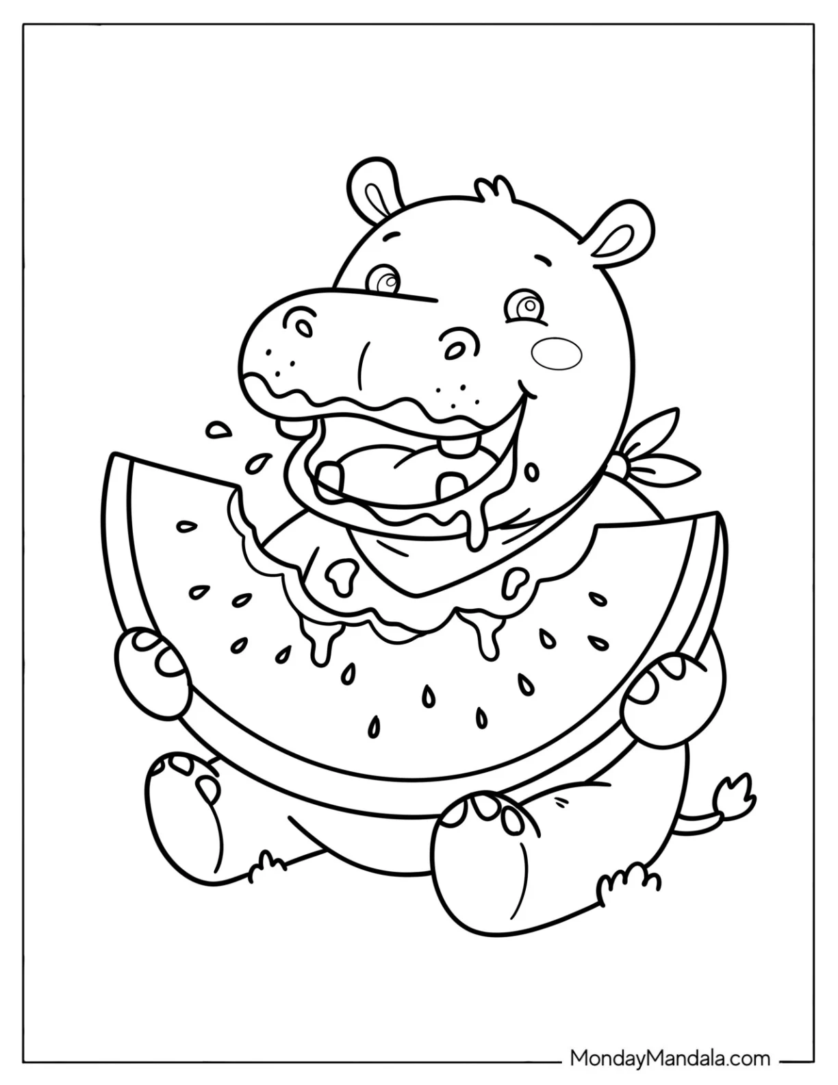 Simple Baby Hippo Eating Watermelon Coloring Page for Kids coloring page