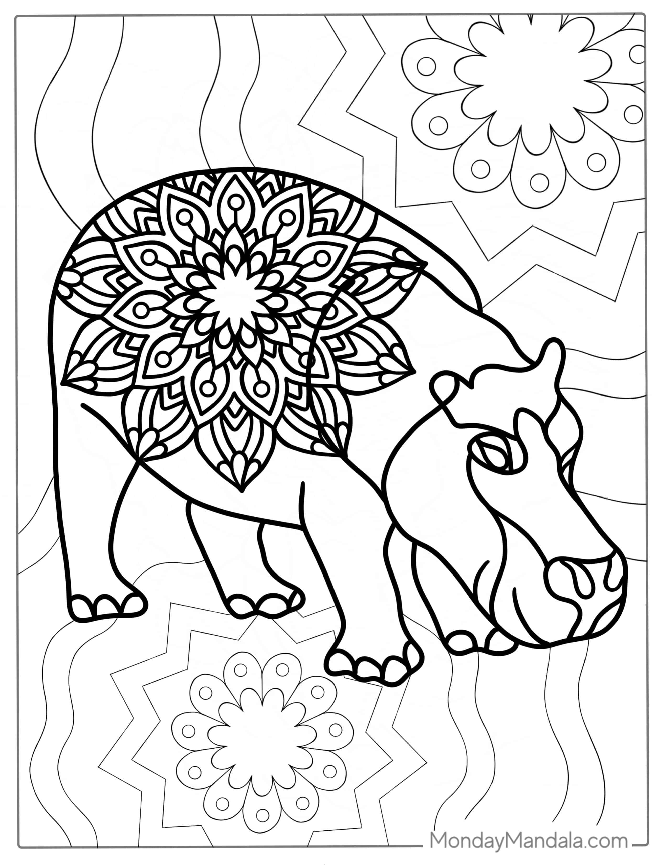 Simple Hippo Mandala Coloring Sheet coloring page — printable line art