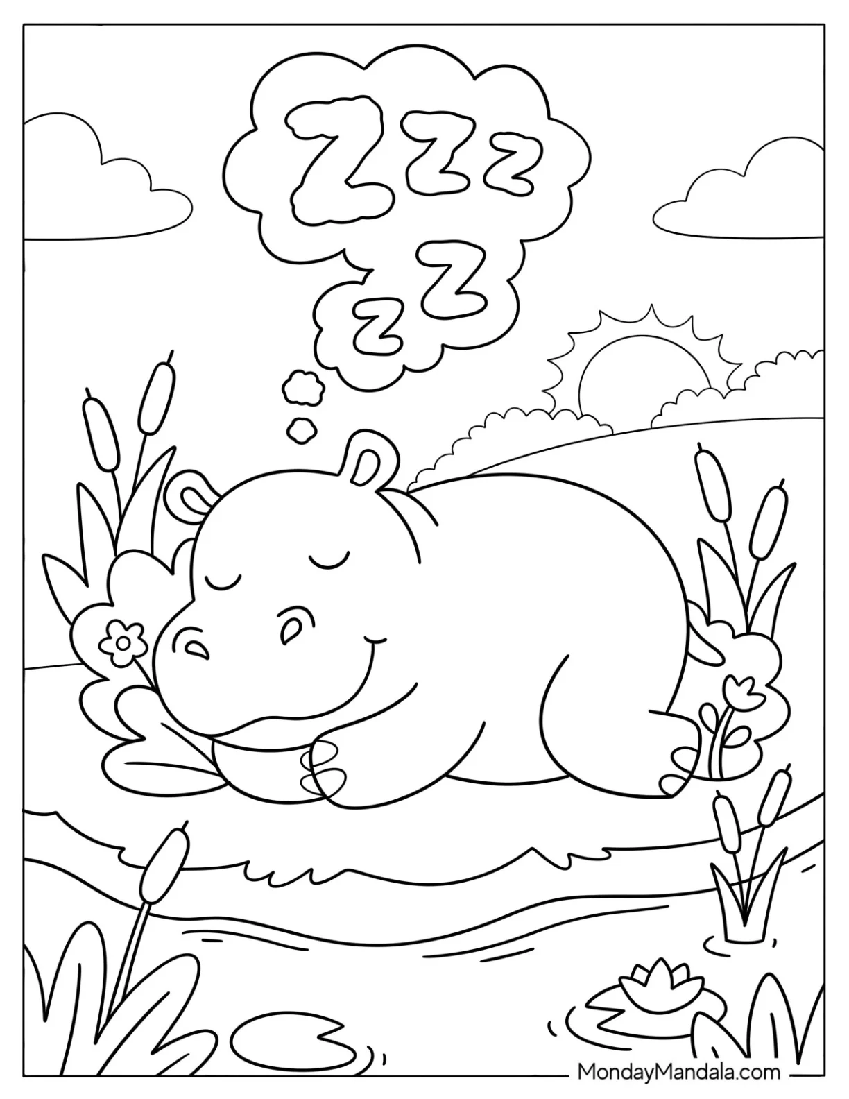 Sleeping Hippo in a Field Coloring Page coloring page