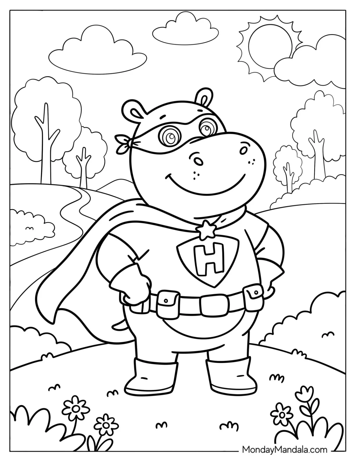 Superhero Hippo with Cape Coloring Sheet coloring page