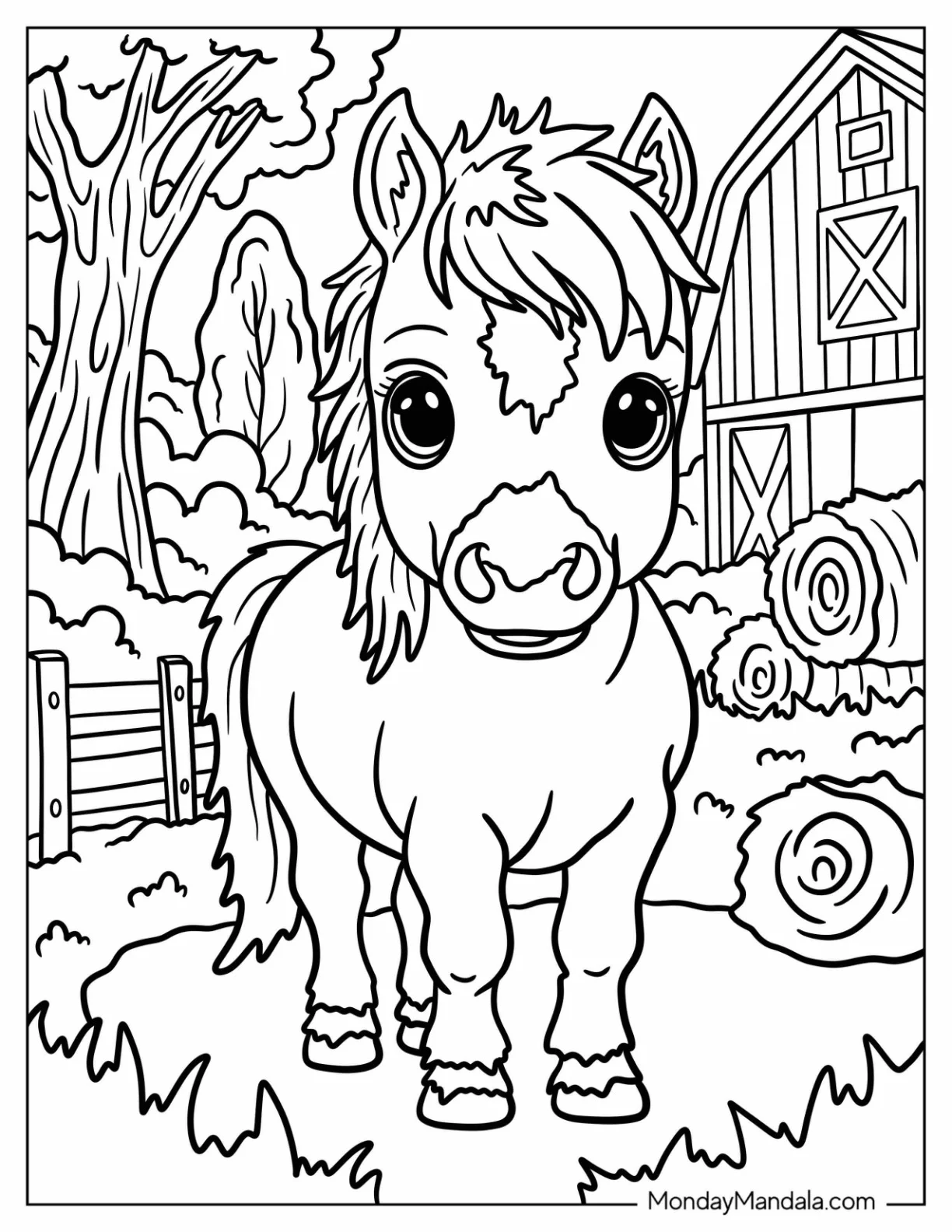 Adorable Baby Horse Coloring Page Standing Outside a Farm Barn for Kids coloring page