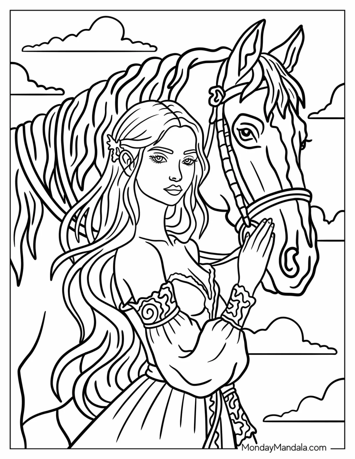 Beautiful Lady Holding Her Horse Coloring Page coloring page