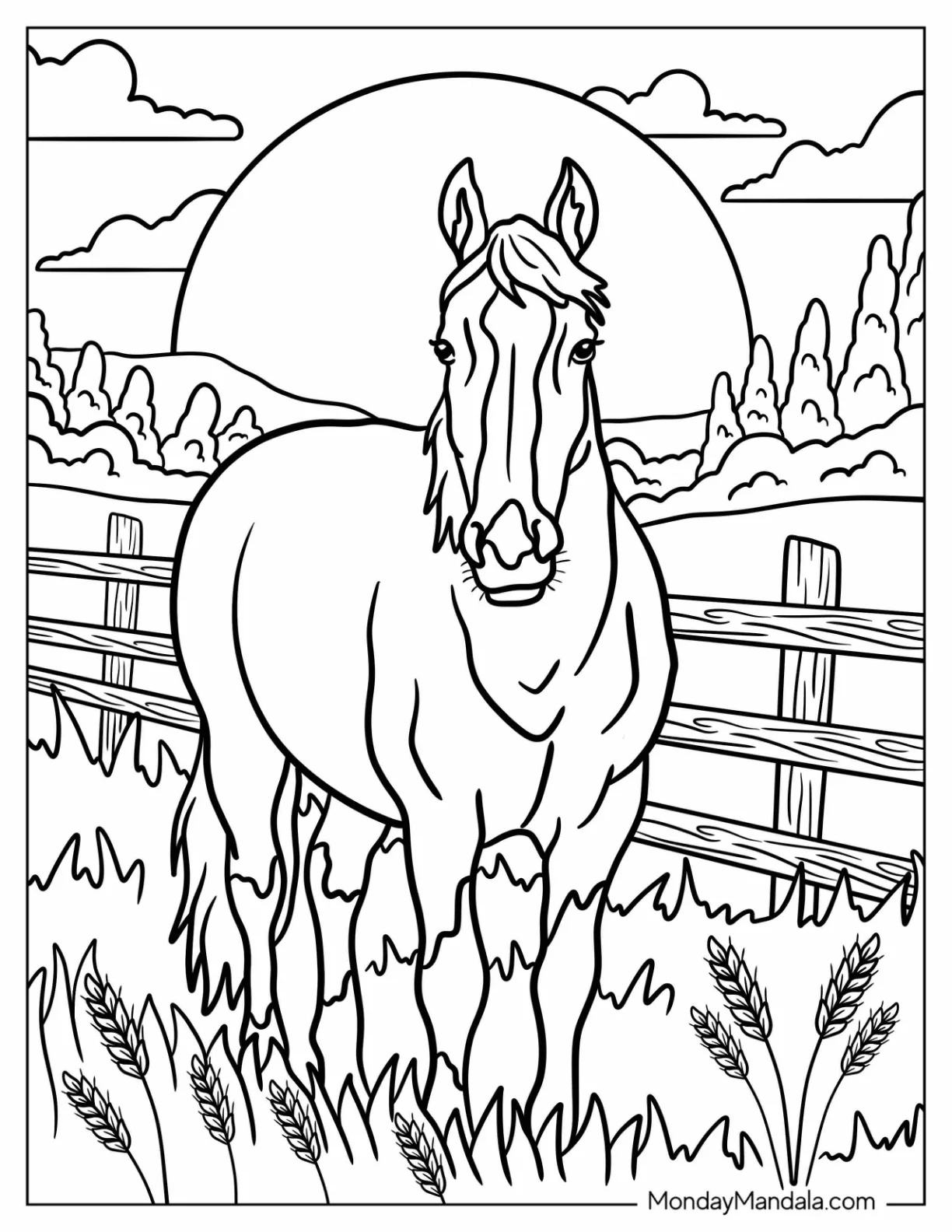 Calm Horse Coloring Page in Fenced Meadow coloring page