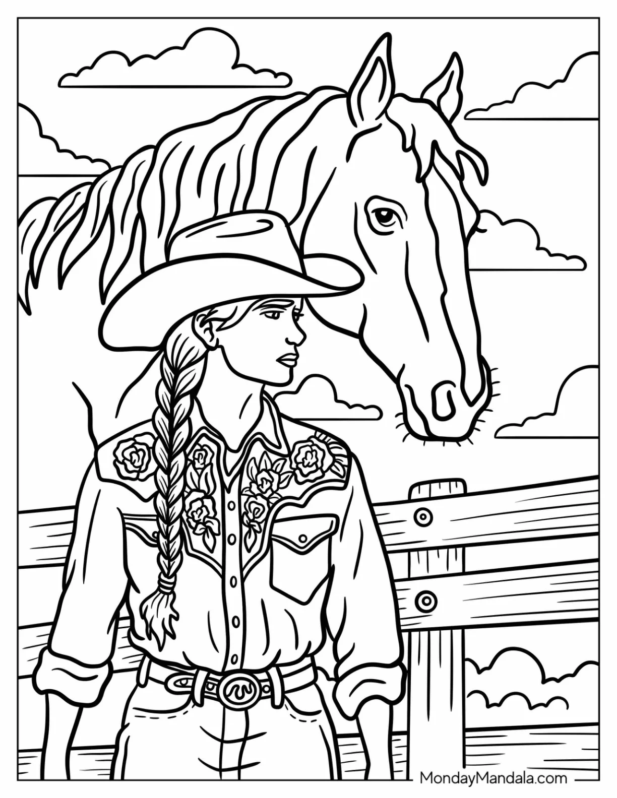 Cowgirl with Her Horse Coloring Page Behind a Fence coloring page