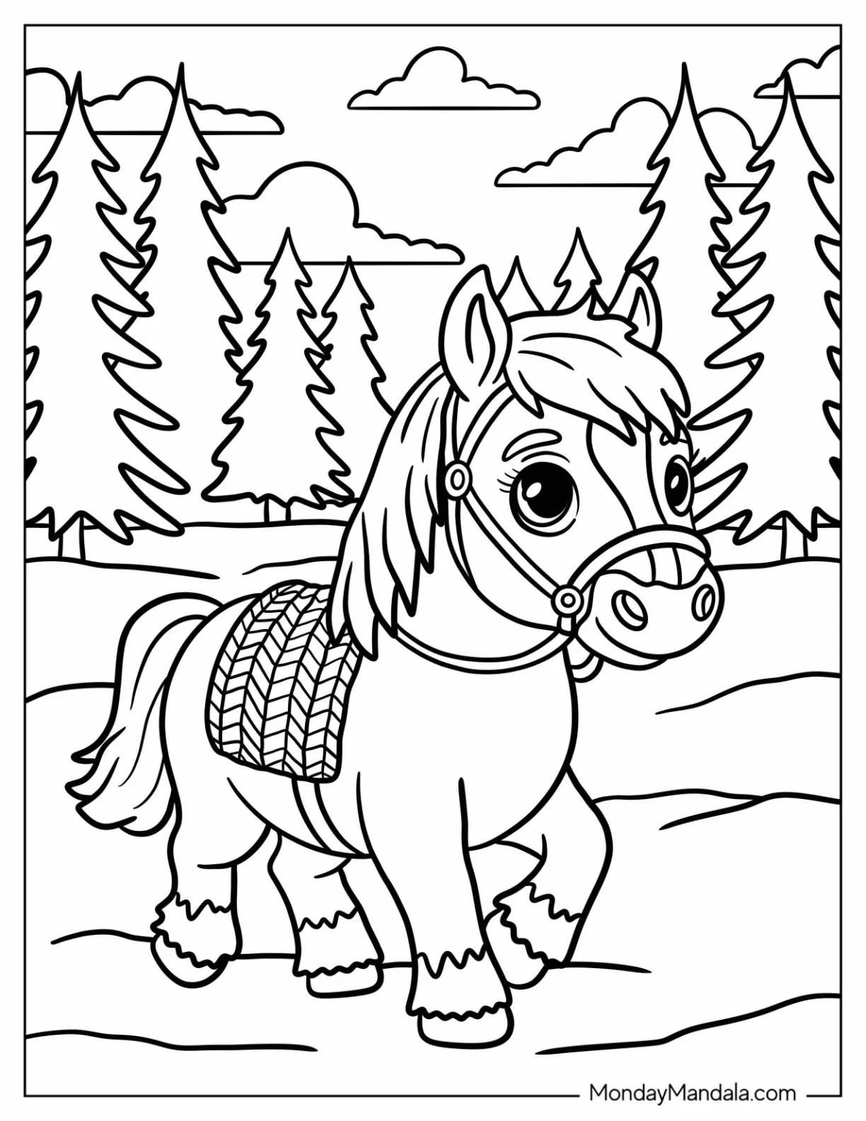 Cute Baby Horse Coloring Page with Horse Harness Trotting in a Forest for Kids coloring page