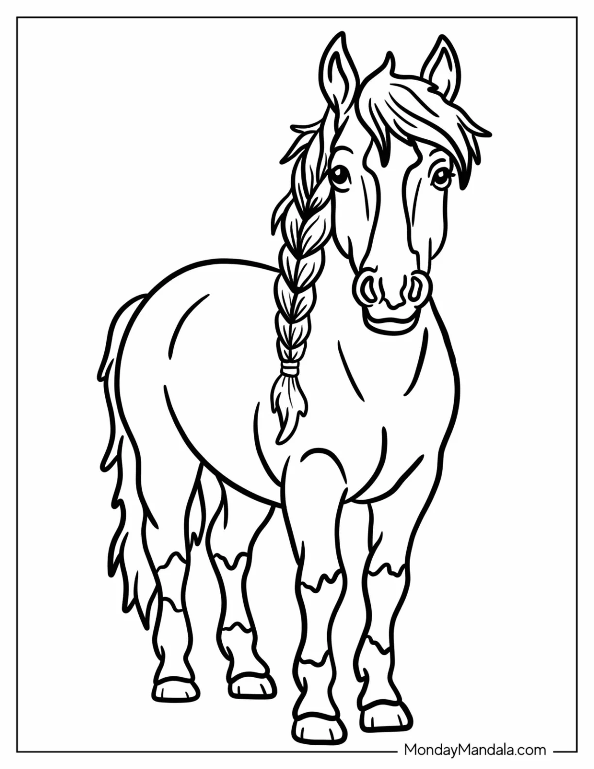 Easy Horse Coloring Page with Braided Mane for Preschoolers coloring page